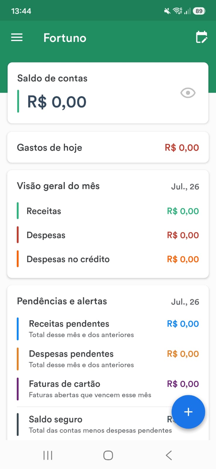 Tela inicial do app Fortuno, com o ícone de hambúrguer no topo
