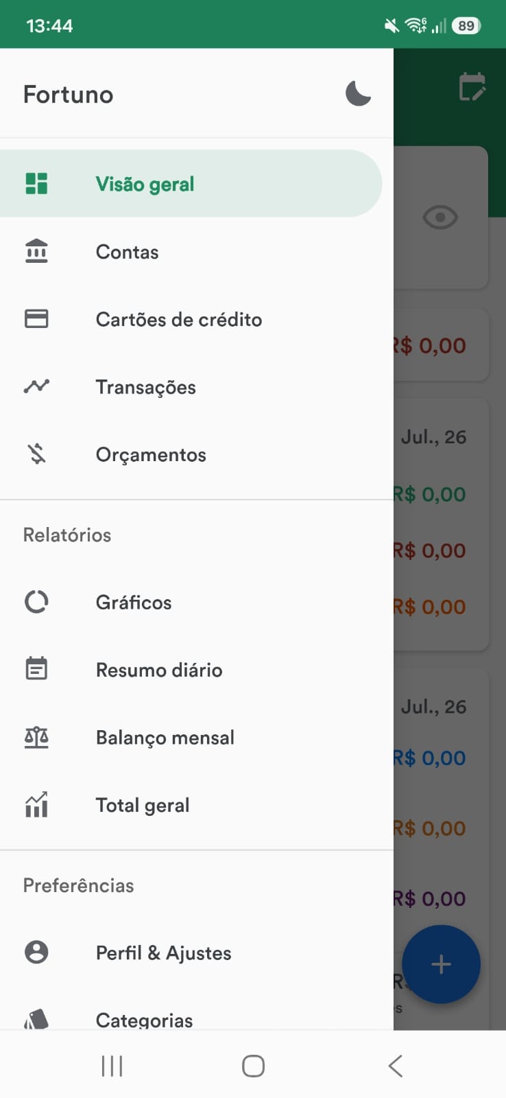 Menu lateral do app com a opção Perfil & Ajustes