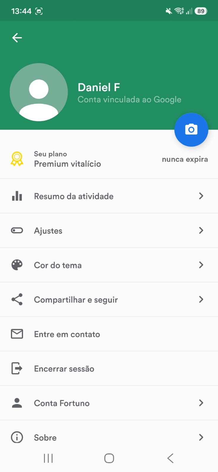 Tela de perfil e ajustes com a opção Conta Fortuno