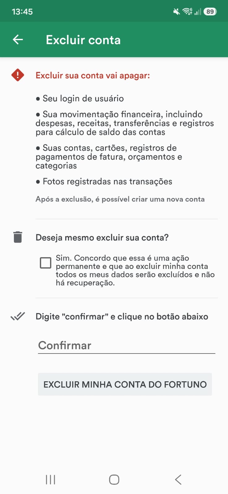 Tela de confirmação de exclusão de conta